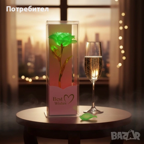 Декоративна цветна роза „Best Wishes“ със златно стъбло, снимка 4 - Подаръци за жени - 53411759