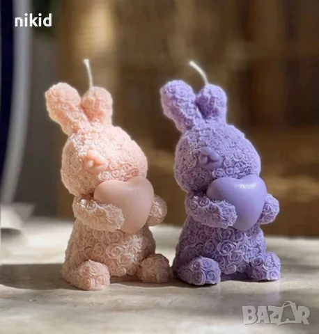 3D Заек зайче от рози и сърце силиконов молд форма фондан шоколад гипс смола свещ декор, снимка 3 - Форми - 49734109