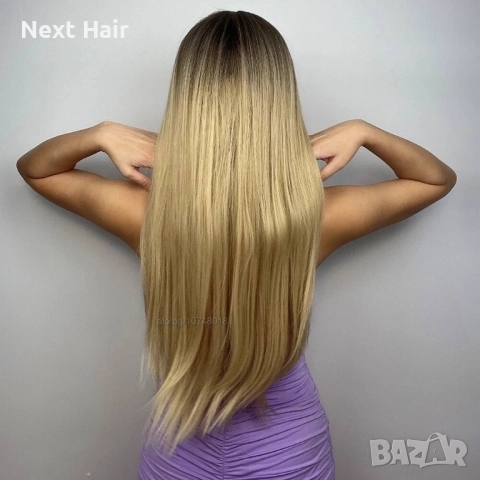 Стилна синтетична перука русо омбре с тъмни корени и бретон, 70 см, снимка 9 - Аксесоари за коса - 52900080