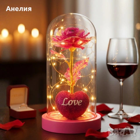 Светеща декоративна роза в купол - Светлина, романтика и любов, снимка 2 - Изкуствени цветя - 53047895