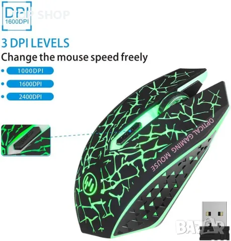 LED оптична гейминг мишка с USB приемник, 3 регулируеми DPI нива и 6 бутона,акумулаторна,безшумна, снимка 2 - Клавиатури и мишки - 48476920