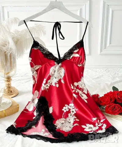  Секси дамска дантелена еластична сатенена нощница, флорален десен, червен, снимка 5 - Потници - 48841049