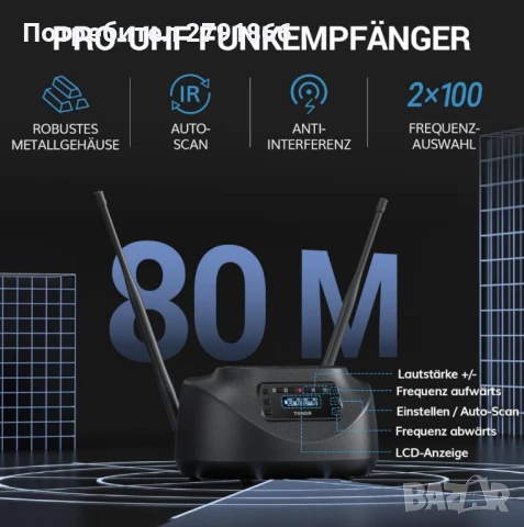 Безжични микрофони TONOR TW790 обхват 80 м. UHF безжична микрофонна система акумулаторна 9 ч. заряд, снимка 3 - Микрофони - 50739066