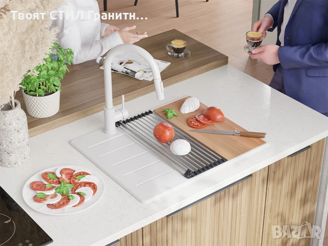 Бяла кухненска гранитна мивка Копенхаген 50 Top 620х500, снимка 2 - Мивки - 51299468