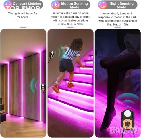 AOYADAISU LED светлинна лента за закрито, сензор за движение 3 м, 2 бр, снимка 8 - Лед осветление - 49420165