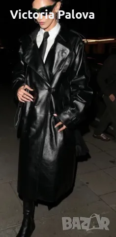 Дълъг черен кожен тренчкот,тренд, снимка 18 - Палта, манта - 32318250