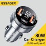 Essager 80W метално зарядно за автомобил 2хUSB+Type C / Fast Charging