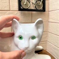Голяма бяла порцеланова котка със зелени очи, снимка 10 - Антикварни и старинни предмети - 41351736