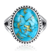Нов пръстен 16x17мм овална форма син тюркоаз 925 сребро Жени Подарък, снимка 6 - Пръстени - 42107737