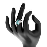 Лъскав пръстен в сребрист цвят, прозрачни циркони, зърна в аквамаринов нюанс, снимка 2 - Пръстени - 44314143