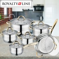 Комплект тенджери и тиган Royalty Line RL-1231G, 12ч.,16К/16/18/ 20/24/24Tсм., Индукция, Инокс, Злат, снимка 4 - Съдове за готвене - 44167010