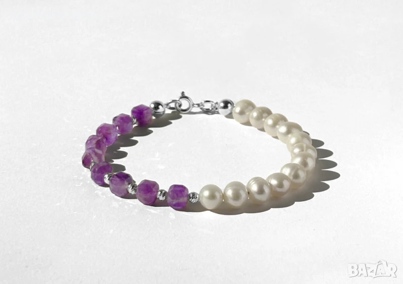 Сребърна гривна от естествени перли и аметисти, снимка 1