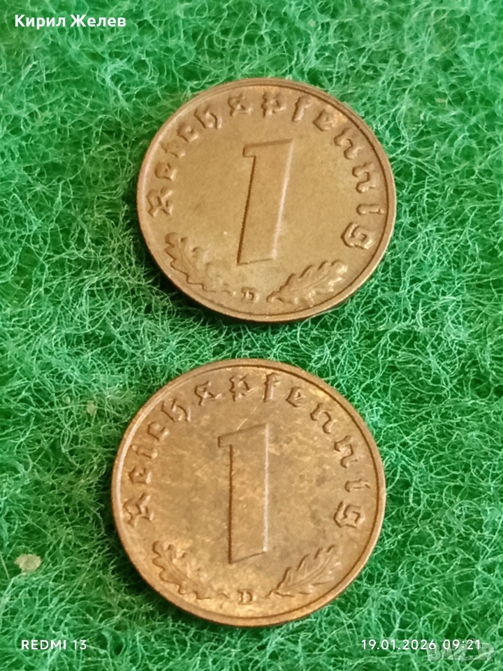 Две монети 1 райхсфенинг 1939г. Трети Райх Германия с свастика 53326, снимка 1