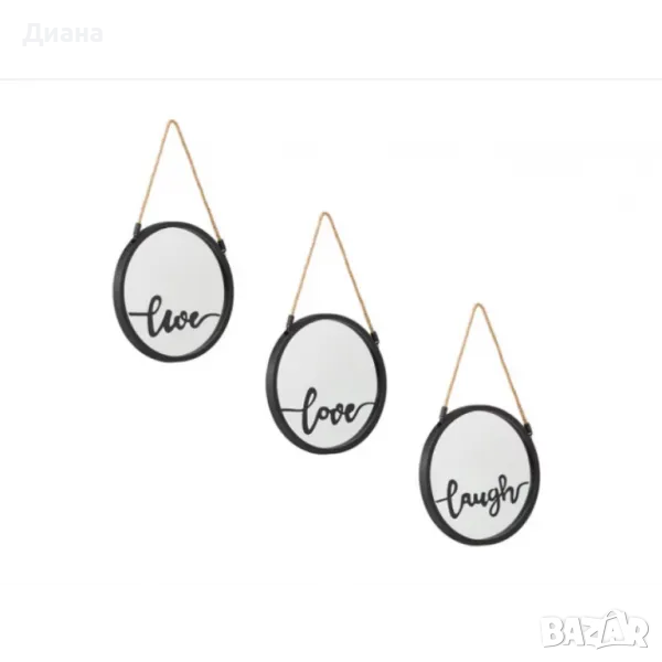 Комплект от 3 броя декоративни стенни огледала в черен цвят за офив или дом - с принт, снимка 1