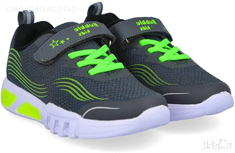 №30, СВЕТЕЩИ маратонки за момче BUBBLE Kids в сиво със зелени акценти, снимка 1