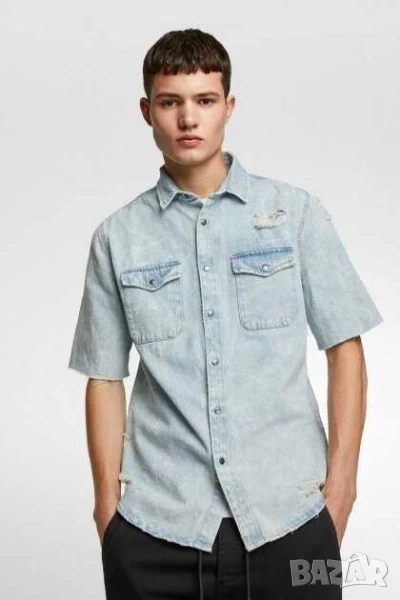 Мъжка дънкова риза със скъсвания пръски боя Zara, Светлосиня, XL, снимка 1
