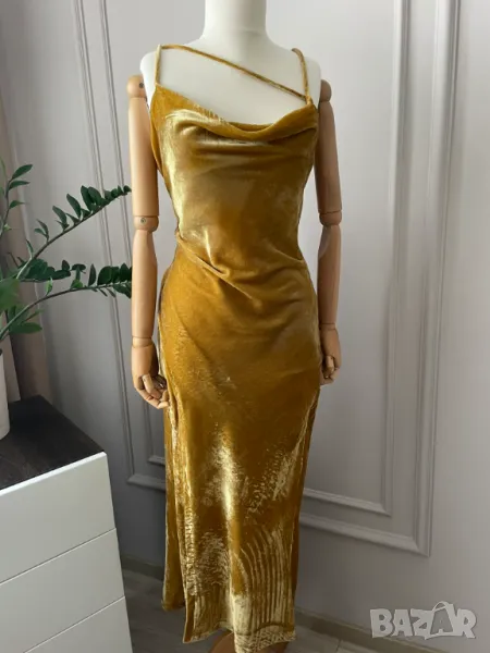Zara Елегантна рокля от кадифе, охра, размер L, снимка 1