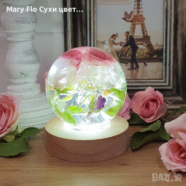 LED лампа със сухи естествени рози и епоксидна смола, 5W, снимка 1