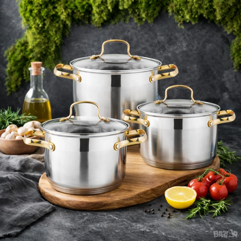 Луксозен комплект тенджери с неръждаема стомана и златисти дръжки – перфектният избор за всяка кухня, снимка 1