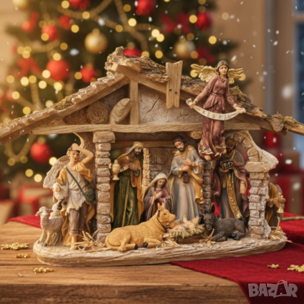 Декоративна сцена на Рождество с дървена постройка и фигурки – Светото семейство и ангел GLORIA, снимка 1