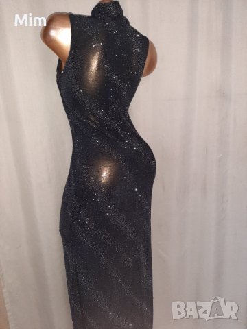 M/XL Черна много еластична дълга рокля със сребристи камъчета , снимка 6 - Рокли - 41158904
