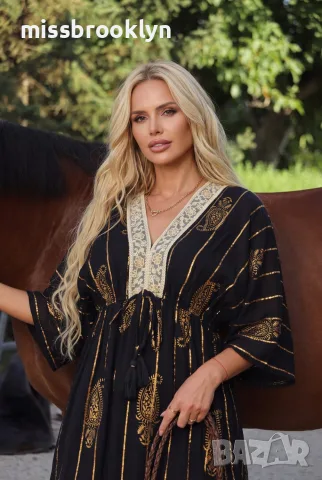 Рокля “Black Golden Paisley” – черна бохо рокля със златни орнаменти арт.1845, снимка 2 - Рокли - 55821378