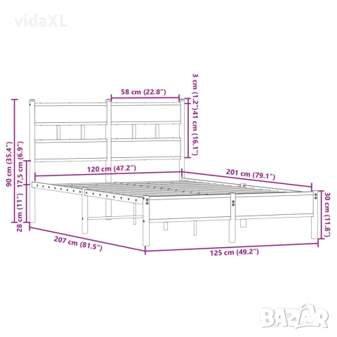 vidaXL Рамка за легло, без матрак, с табла, опушен дъб, 120x200 см, снимка 9 - Спални и легла - 56147471