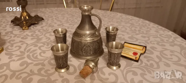 Красив немски сервиз от калай за ракия, греяна ракия, шотове. Неизползван., снимка 4 - Антикварни и старинни предмети - 56227884