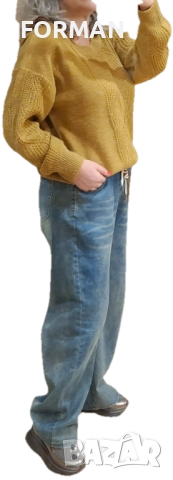 РАЗКОШЕН пуловер с плетеници в цвят горчица, снимка 3 - Блузи с дълъг ръкав и пуловери - 52943786