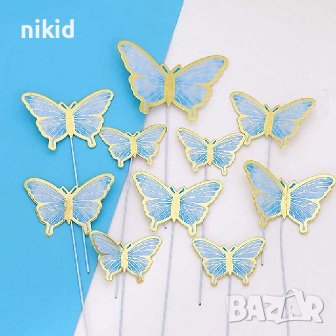 10 пеперуди картонени златен контур на тел розови лилави топери украса декор за торта, снимка 12 - Други - 29247526