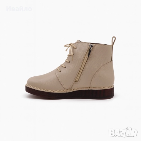 Дамски бежови боти от естествена кожа с връзки и цип, снимка 6 - Дамски боти - 52190065