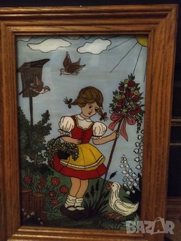 Картина рисувана върху стъкло  ,масивна дървена рамка , снимка 3 - Картини - 42462605