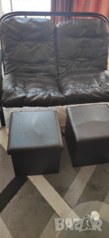 Двоен кожен фотьойл с тръбна конструкция и 2 табуретки, снимка 2 - Дивани и мека мебел - 53794492