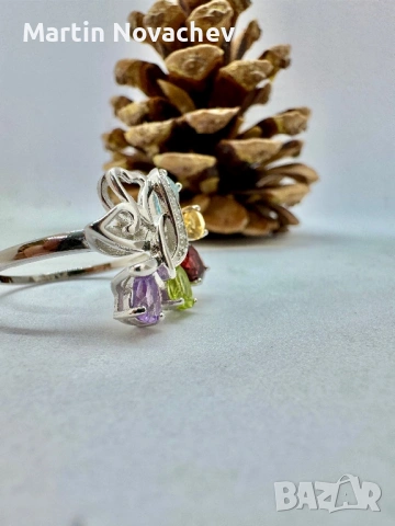 Сребърен пръстен с естествени камъни, снимка 6 - Пръстени - 53211206