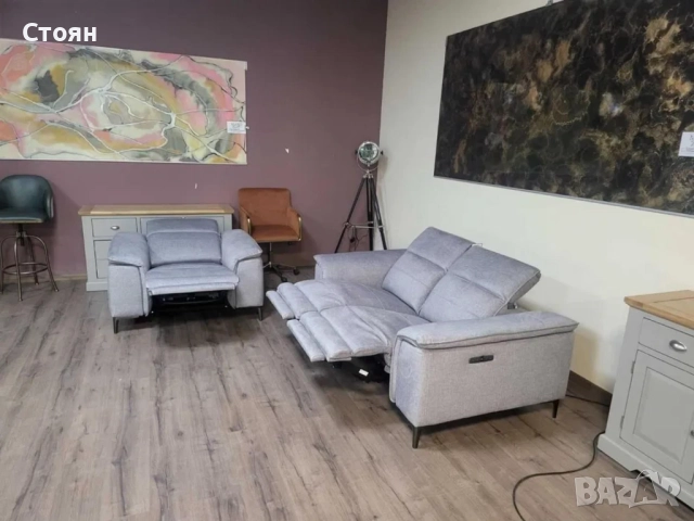 Сив комплект от плат двойка и фотьойл с електрически релакс механизъм, снимка 7 - Дивани и мека мебел - 51955845