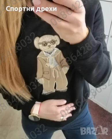 Много сладки дамски блузи с бродерия Мече в 3 цвята, снимка 2 - Блузи с дълъг ръкав и пуловери - 52322030