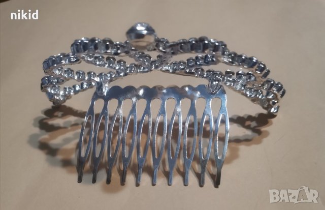 Коронка тиара гребен метална сребриста с камък забождане в коса прическа сватба детска дамска, снимка 2 - Аксесоари за коса - 34023833