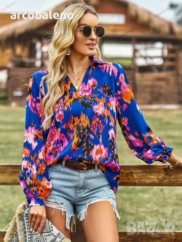Дамска блуза с флорален принт и V-образно деколте, 4цвята - 023, снимка 16 - Блузи с дълъг ръкав и пуловери - 42038517