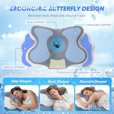 Нова Охлаждаща дишаща възглавница мемори пяна опора за врат спане сън, снимка 3 - Възглавници - 53646383
