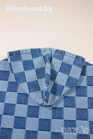 Дамски дънков суичър с качулка и шахматен десен, снимка 9 - Суичъри - 51261517