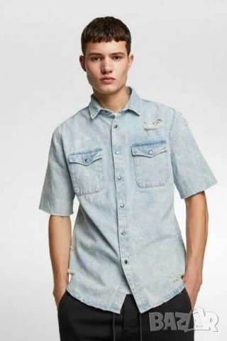 Мъжка дънкова риза със скъсвания пръски боя Zara, Светлосиня, XL