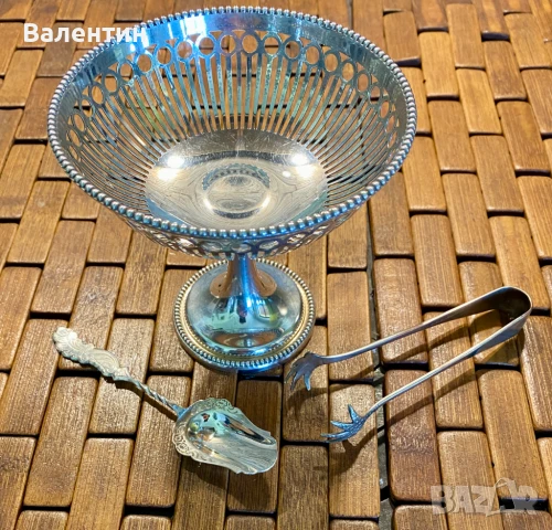 #2504# Комплект: купа за бонбони + лъжица + щипки. Винтидж. Посребрен. Маркиран. От Холандия., снимка 2 - Прибори за хранене, готвене и сервиране - 50685284