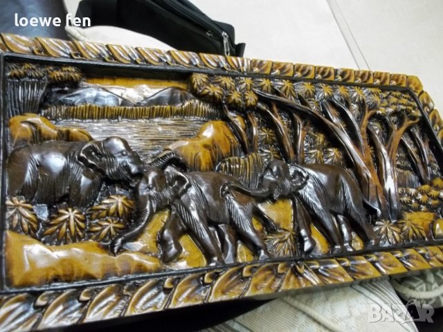 Ръчна Дърворезба Тиково Дърво Слонове Слон  - 61 см на 29,5 см ! Пано За Стена Картина !
