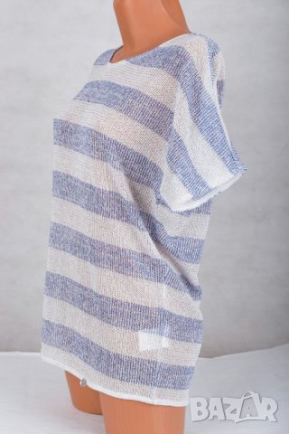 Раирана дамска блуза в сиво и синьо с къс ръкав Enny Wear, снимка 3 - Тениски - 41875617