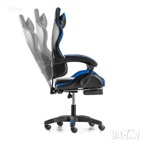 Геймърски стол с поставка за крака – черно-син, въртящ, с масажна функция и спортен дизайн, снимка 3 - Столове за офис - 53239998