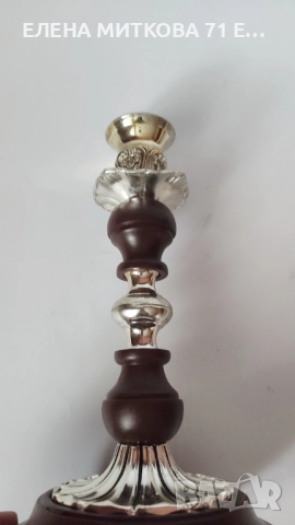 Красив стар свещник изработен от посребрен метал и дърво, снимка 3 - Други ценни предмети - 52878372