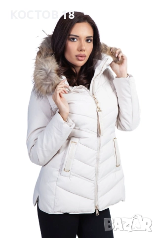 Дамско зимно шушляково яке – 4252 качулка с естествен пух цвят, снимка 2 - Якета - 52500675
