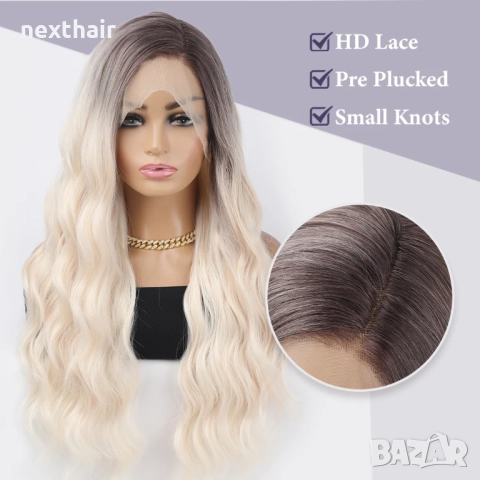 75 см Светло руса дантелена омбре перука с тъмни корени на път 13Х4, снимка 6 - Аксесоари за коса - 51836248