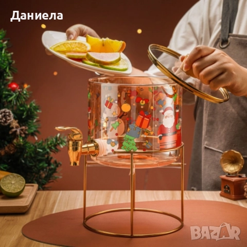 Стъклен диспенсър за напитки 2.6 L с коледен дизайн и златиста стойка, снимка 4 - Други стоки за дома - 51812547