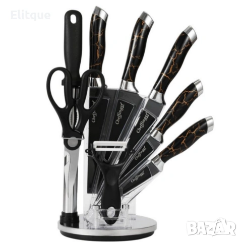 Комплект уреди за рязане Cheffinger – 9 части с мраморно покритие, стойка, точило и белачка, снимка 8 - Други - 53427222